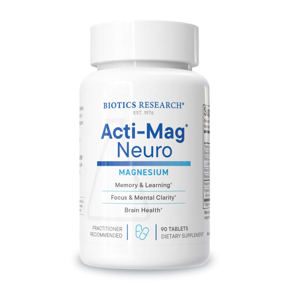 Biotics Research Acti-Mag Neuro tablets shown for potential memory and attention support.