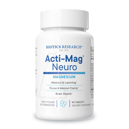 Biotics Research Acti-Mag Neuro tablets shown for potential memory and attention support.