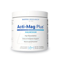 Biotics Research Acti-Mag Plus bottle front highlighting 400 mg magnesium for relaxation support.