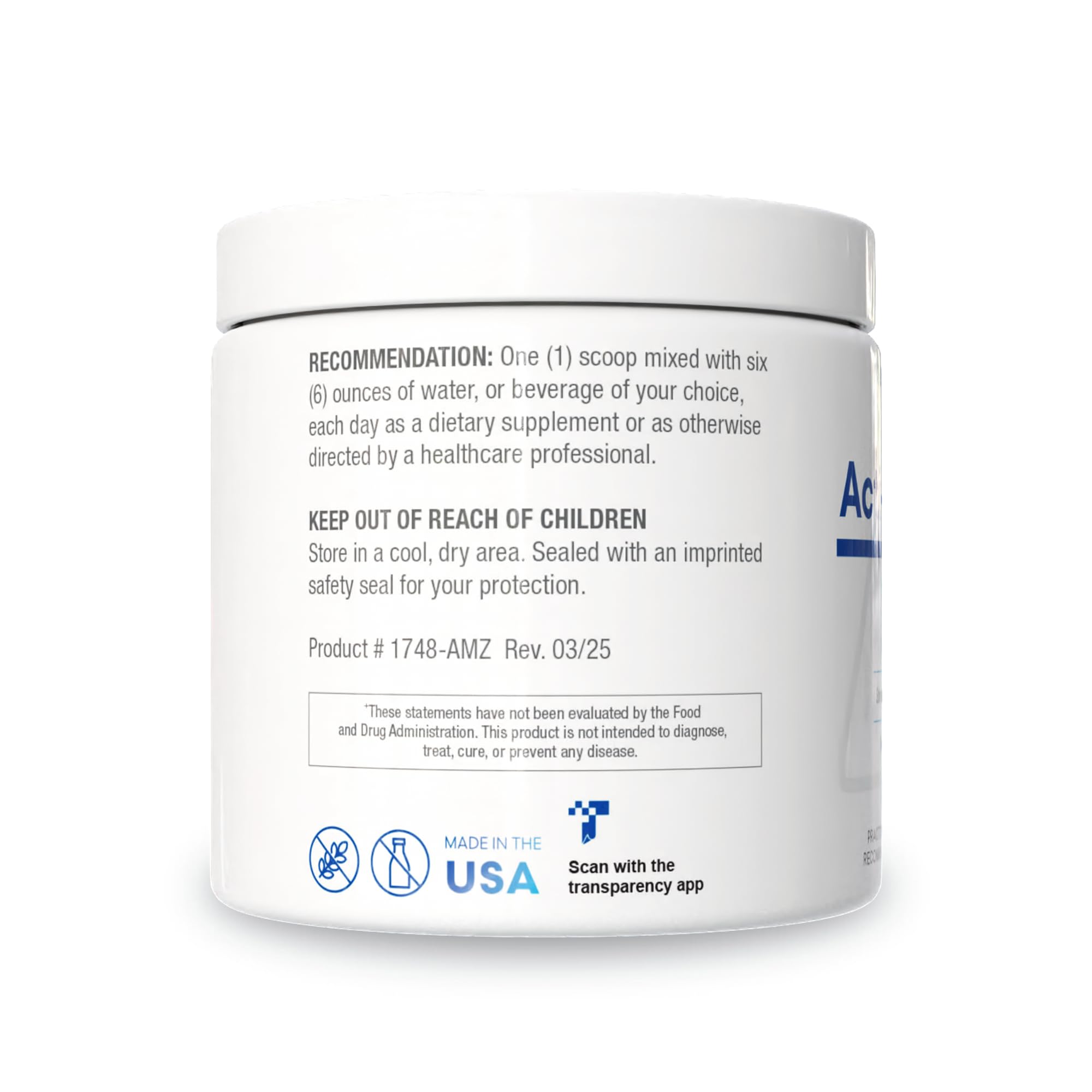 Acti-Mag Plus powder scoop image emphasizing convenient serving size for daily intake.