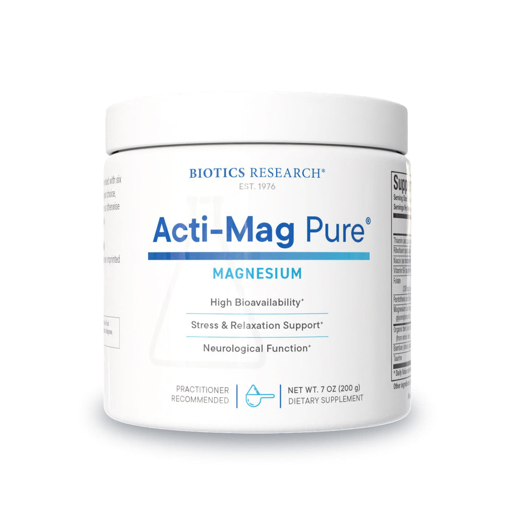 BIOTICS RESEARCH Acti-Mag Pure tin front view showing high-absorption magnesium for calm focus