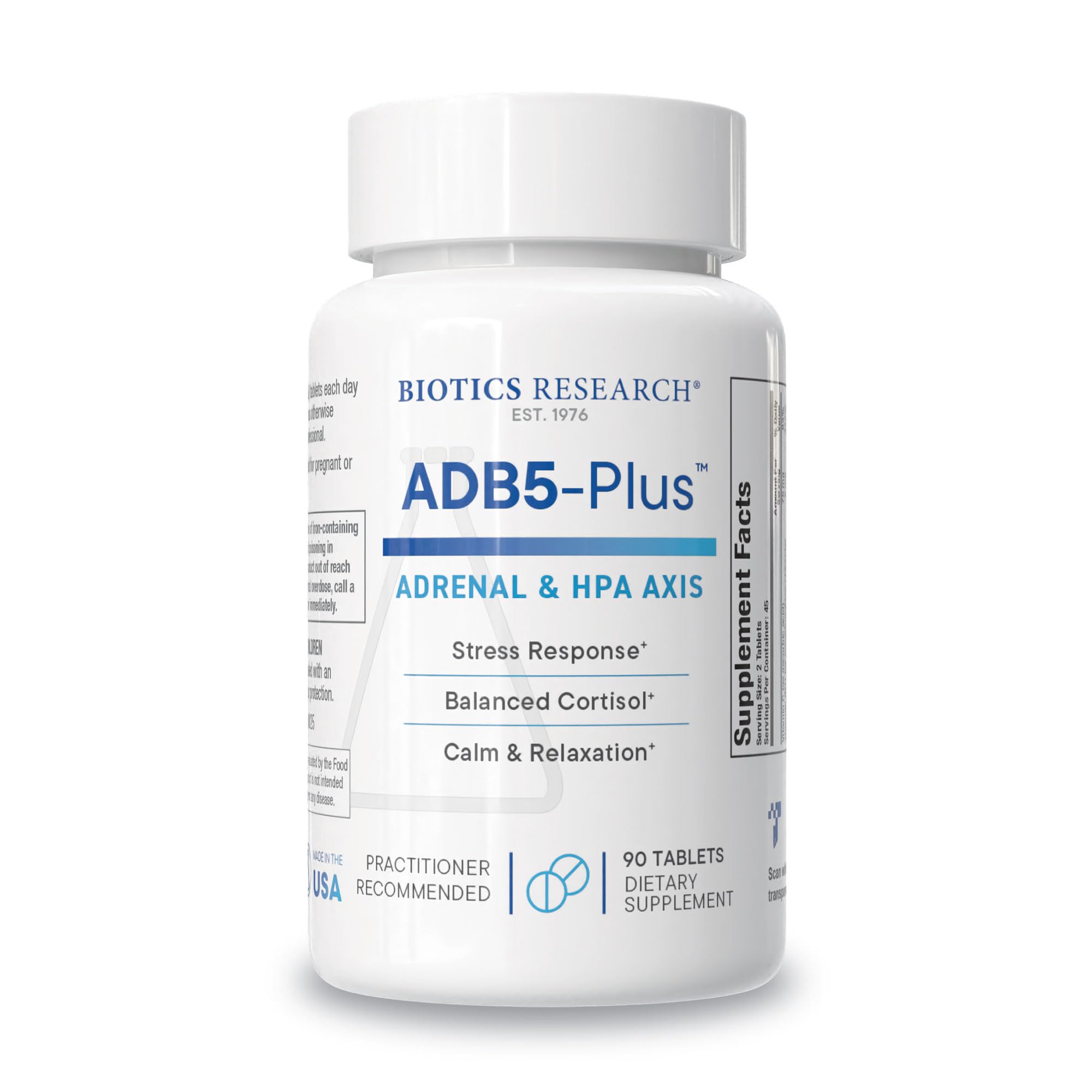 BIOTICS RESEARCH ADB5-Plus bottle front showing adrenal support formula for daily resilience