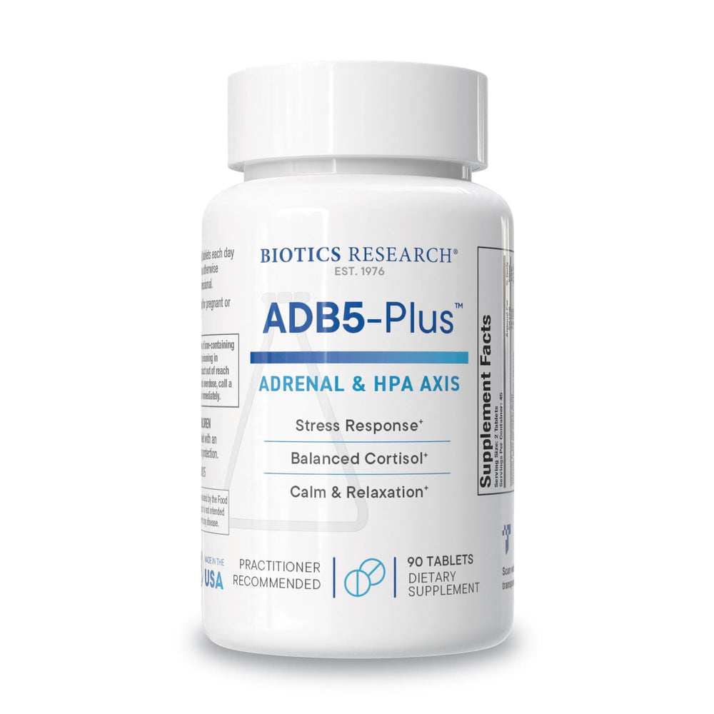 BIOTICS RESEARCH ADB5-Plus bottle front showing adrenal support formula for daily resilience