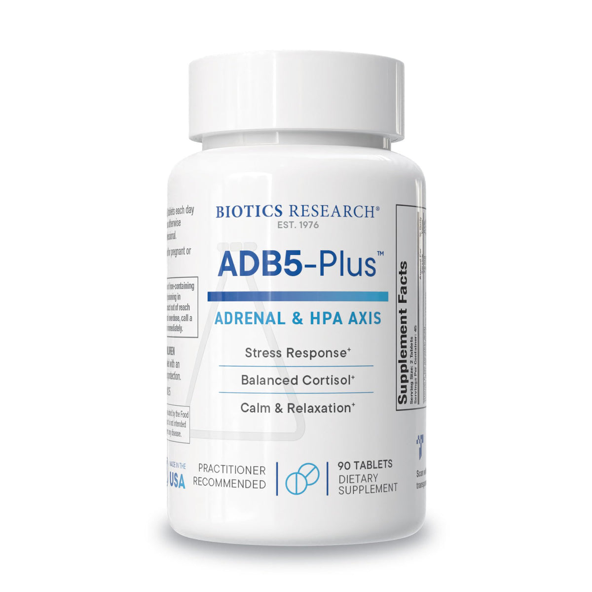 BIOTICS RESEARCH ADB5-Plus bottle front showing adrenal support formula for daily resilience