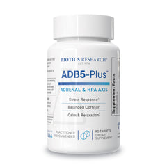 BIOTICS RESEARCH ADB5-Plus bottle front showing adrenal support formula for daily resilience