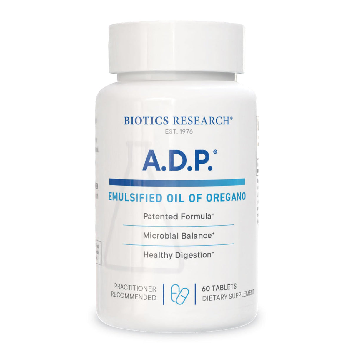Biotics Research ADP emulsified oil of oregano tablets bottle showcases GI-friendly sustained release