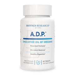 Biotics Research ADP emulsified oil of oregano tablets bottle showcases GI-friendly sustained release