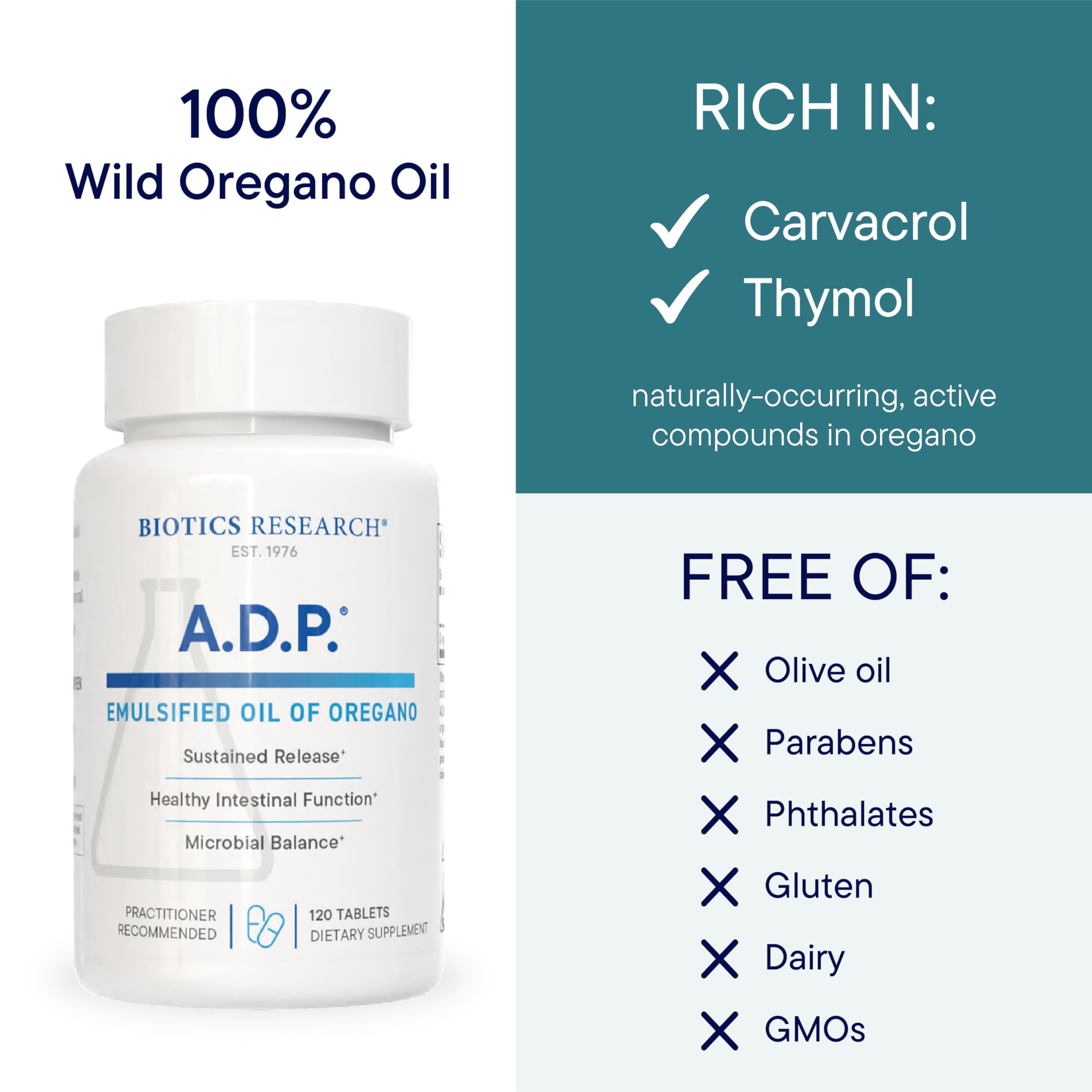 Close-up of ADP emulsified oregano tablet showing gentle formula.