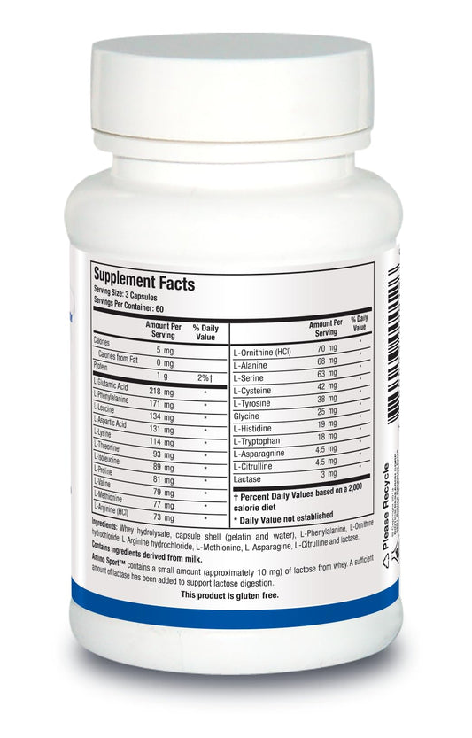 Biotics Research Amino Sport capsules close-up highlighting essential amino acids.