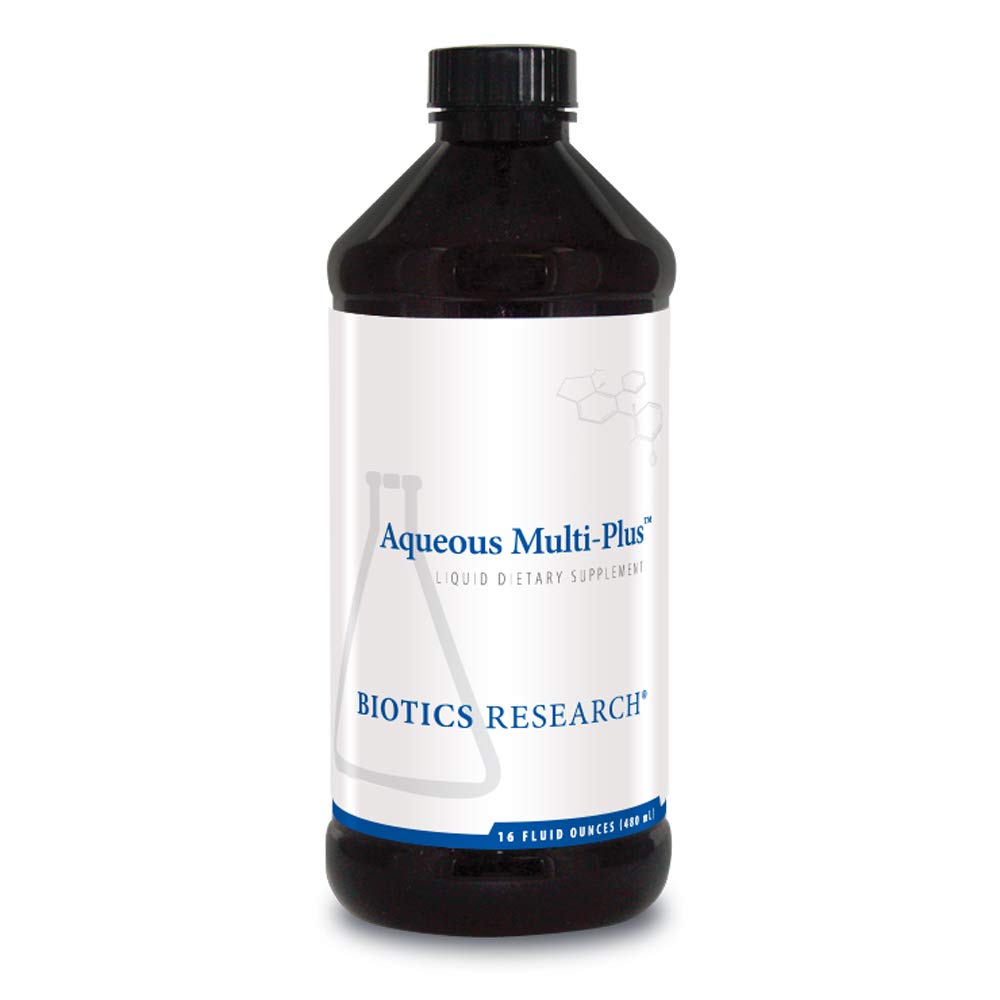 Biotics Research Aqueous Multi Plus bottle front with liquid vitamins for daily nutrient support.