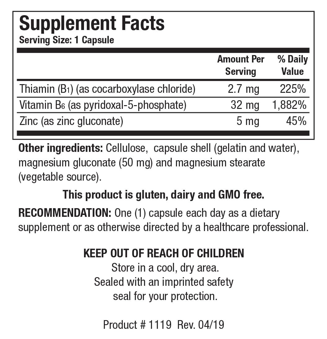 BIOTICS RESEARCH B6 B1 Plus Zinc label close-up showing zinc 5 mg per dose