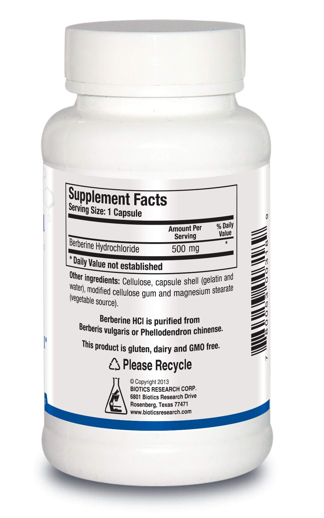 Berberine HCl 500mg label close-up highlighting gluten-free and USA-made quality.