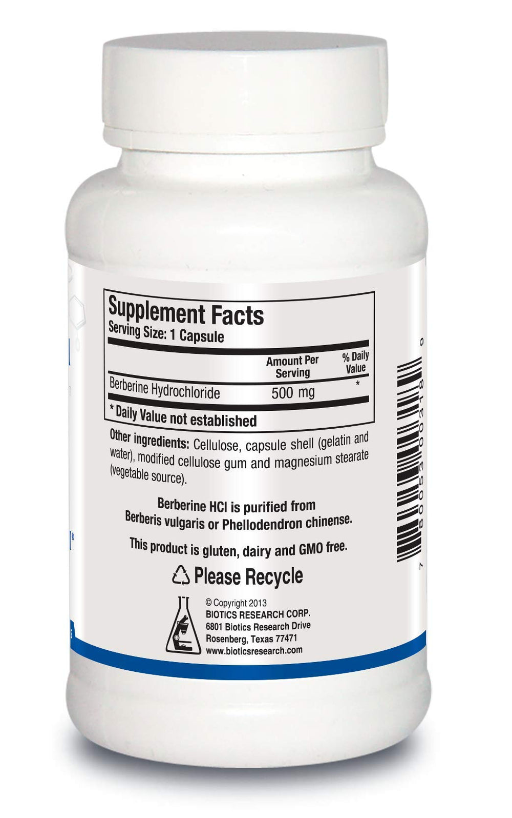 Berberine HCl 500mg label close-up highlighting gluten-free and USA-made quality.