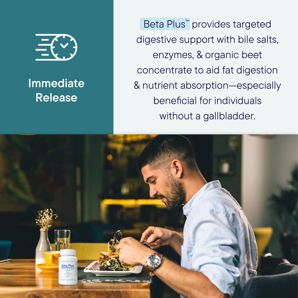 BIOTICS RESEARCH Beta-Plus capsules in hand illustrate easy daily supplement for fat digestion