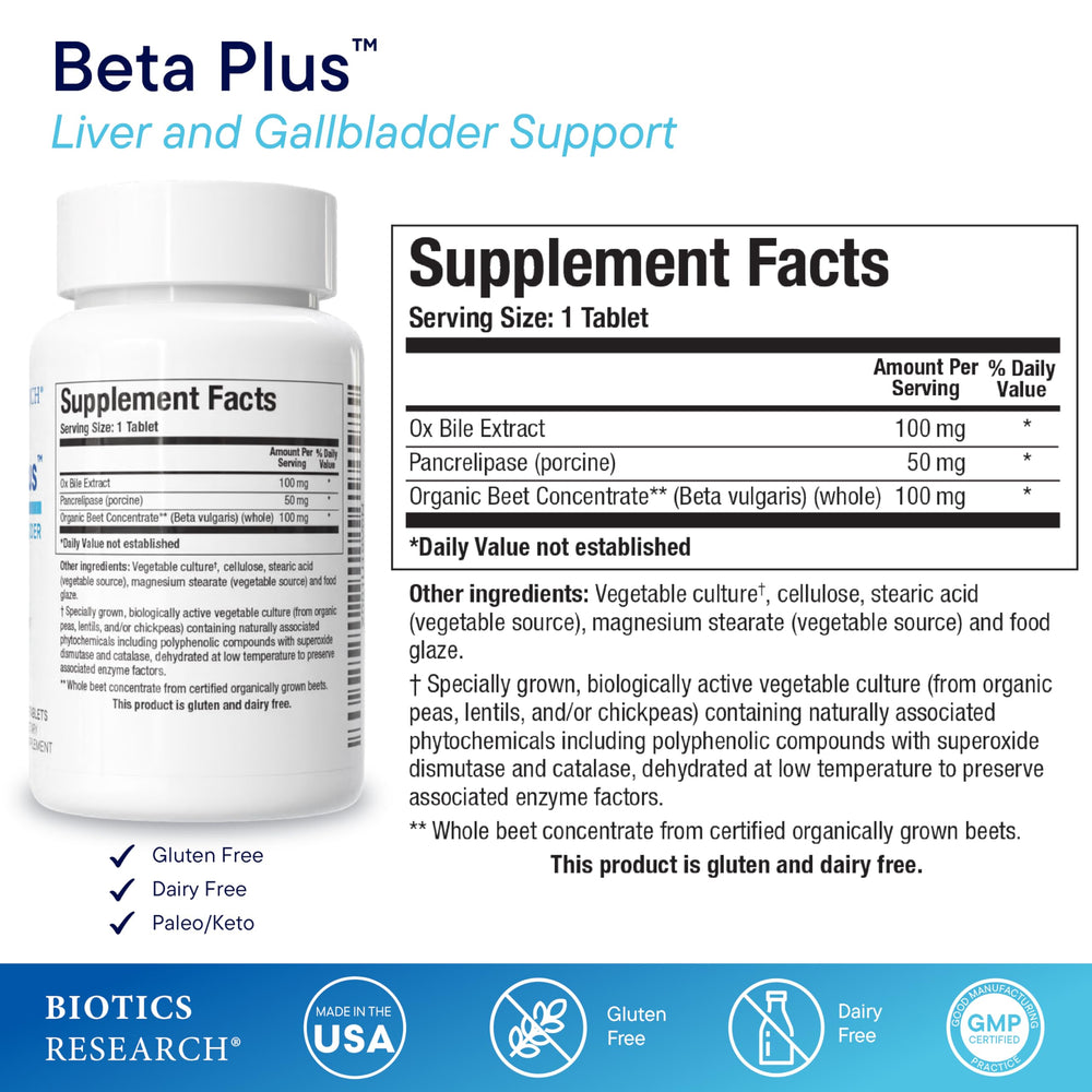 BIOTICS RESEARCH Beta-Plus label closeup emphasizes bile production support