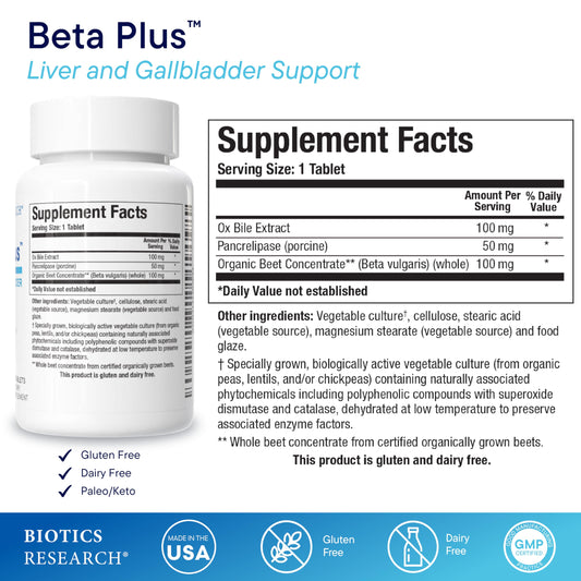 BIOTICS RESEARCH Beta-Plus label closeup emphasizes bile production support