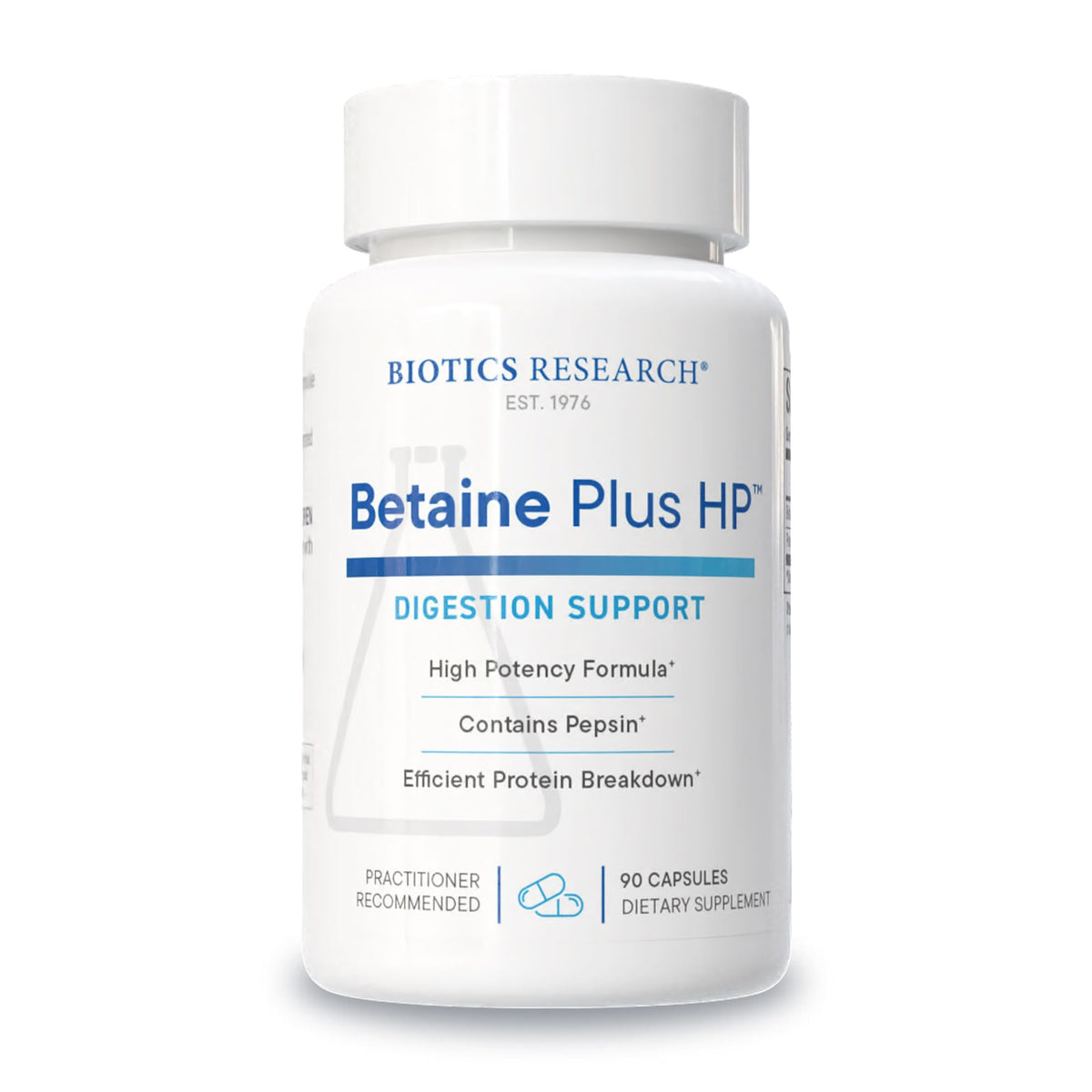 Biotics Research Betaine Plus HP bottle label closeup showing digestive support and potency