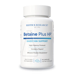 Biotics Research Betaine Plus HP bottle label closeup showing digestive support and potency