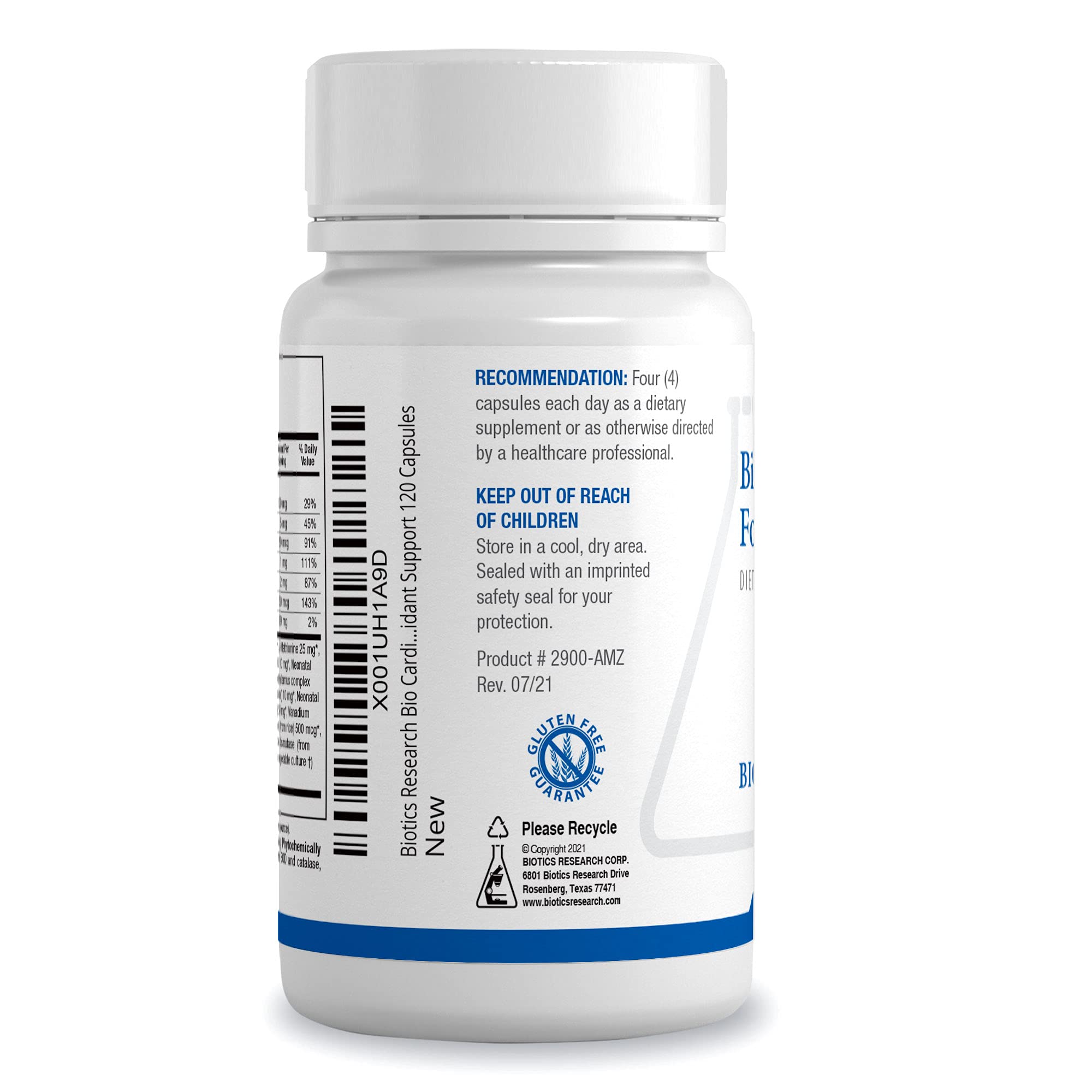 Biotics Research Bio Cardiozyme Forte bottle side view shows easy-to-take capsules.