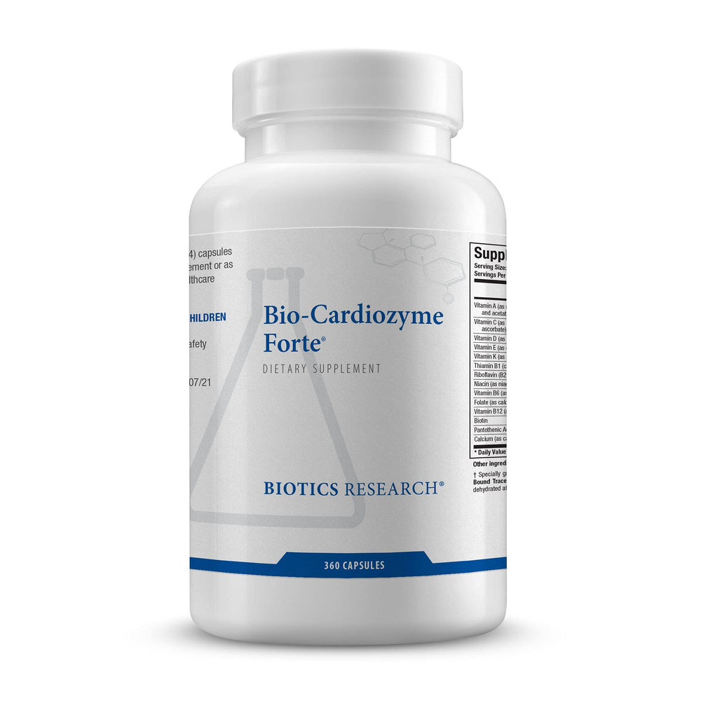 Biotics Research Bio Cardiozyme Forte bottle highlighting heart health support ingredients