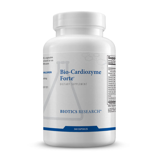 Biotics Research Bio Cardiozyme Forte bottle highlighting heart health support ingredients