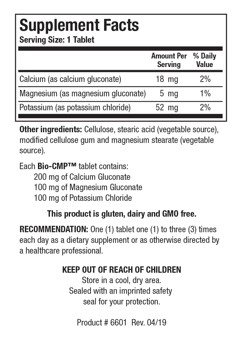 Bio CMP bottle back label with dosage and ingredients for bone and muscle function