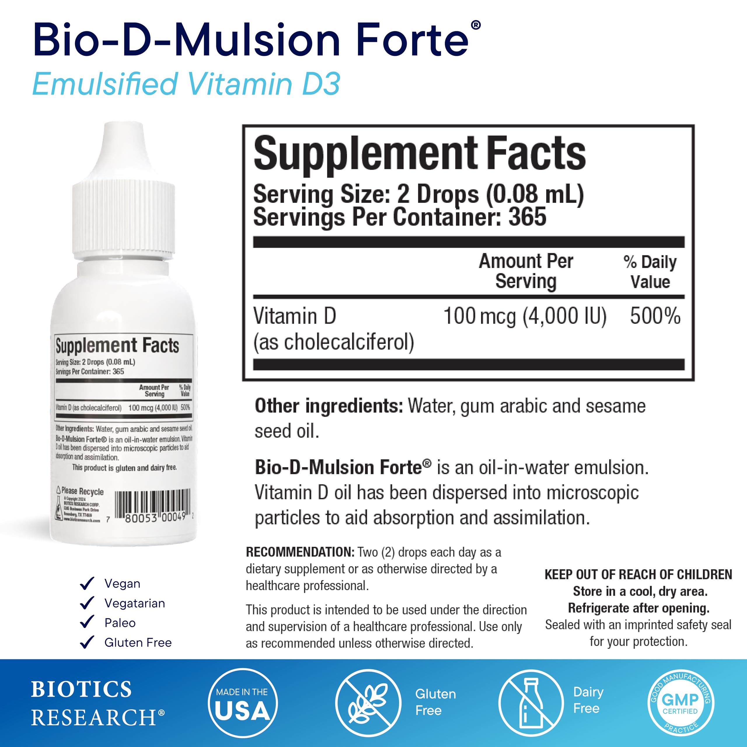 BIOTICS RESEARCH Bio-D-Mulsion Forte dropper dispensing vitamin D drops.