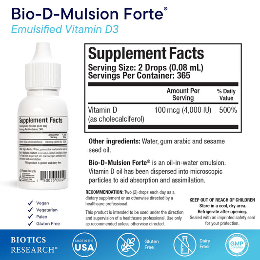 BIOTICS RESEARCH Bio-D-Mulsion Forte dropper dispensing vitamin D drops.