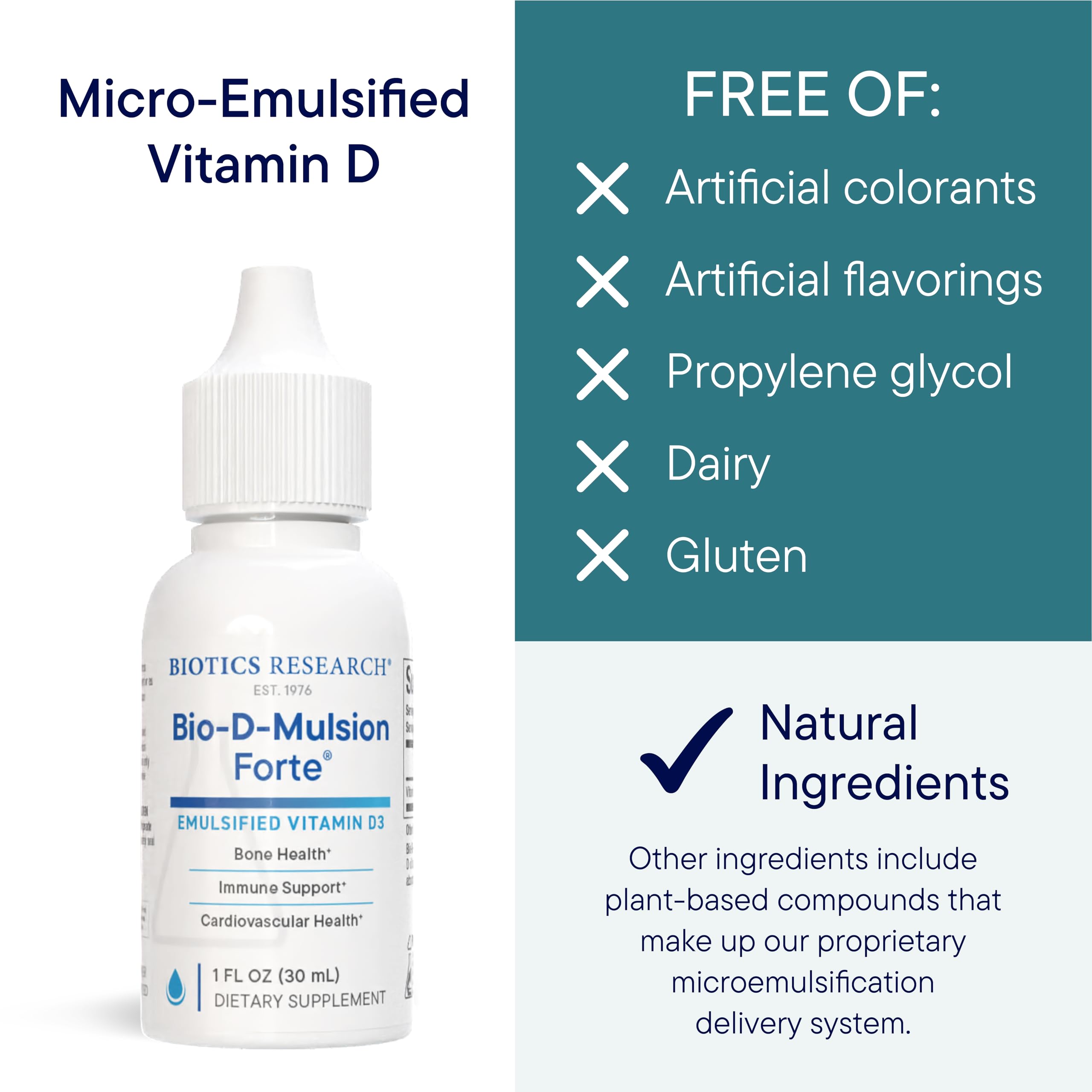 BIOTICS RESEARCH Bio-D-Mulsion Forte liquid drops in a clear glass vial.