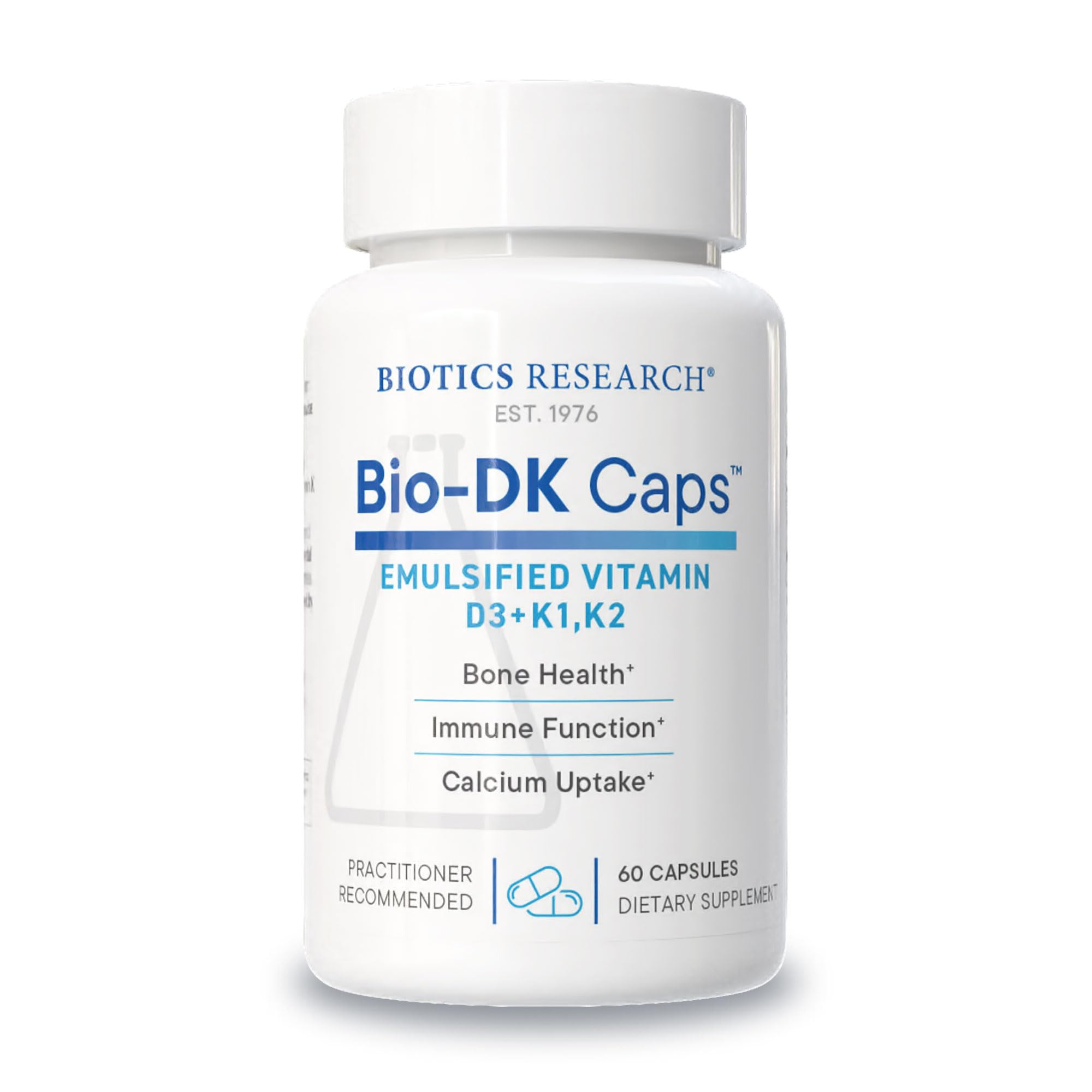Biotics Research Bio-DK Caps bottle front highlights emulsified D3 and K2 for bone support