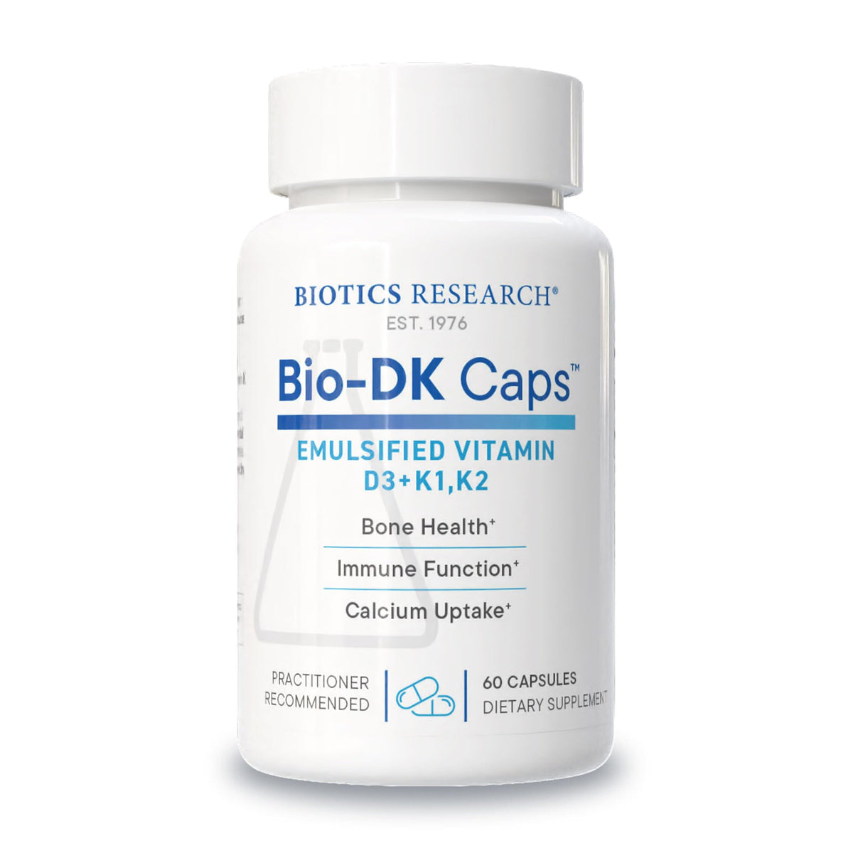 Biotics Research Bio-DK Caps bottle front highlights emulsified D3 and K2 for bone support