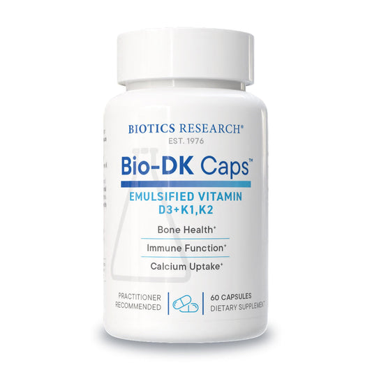 Biotics Research Bio-DK Caps bottle front highlights emulsified D3 and K2 for bone support