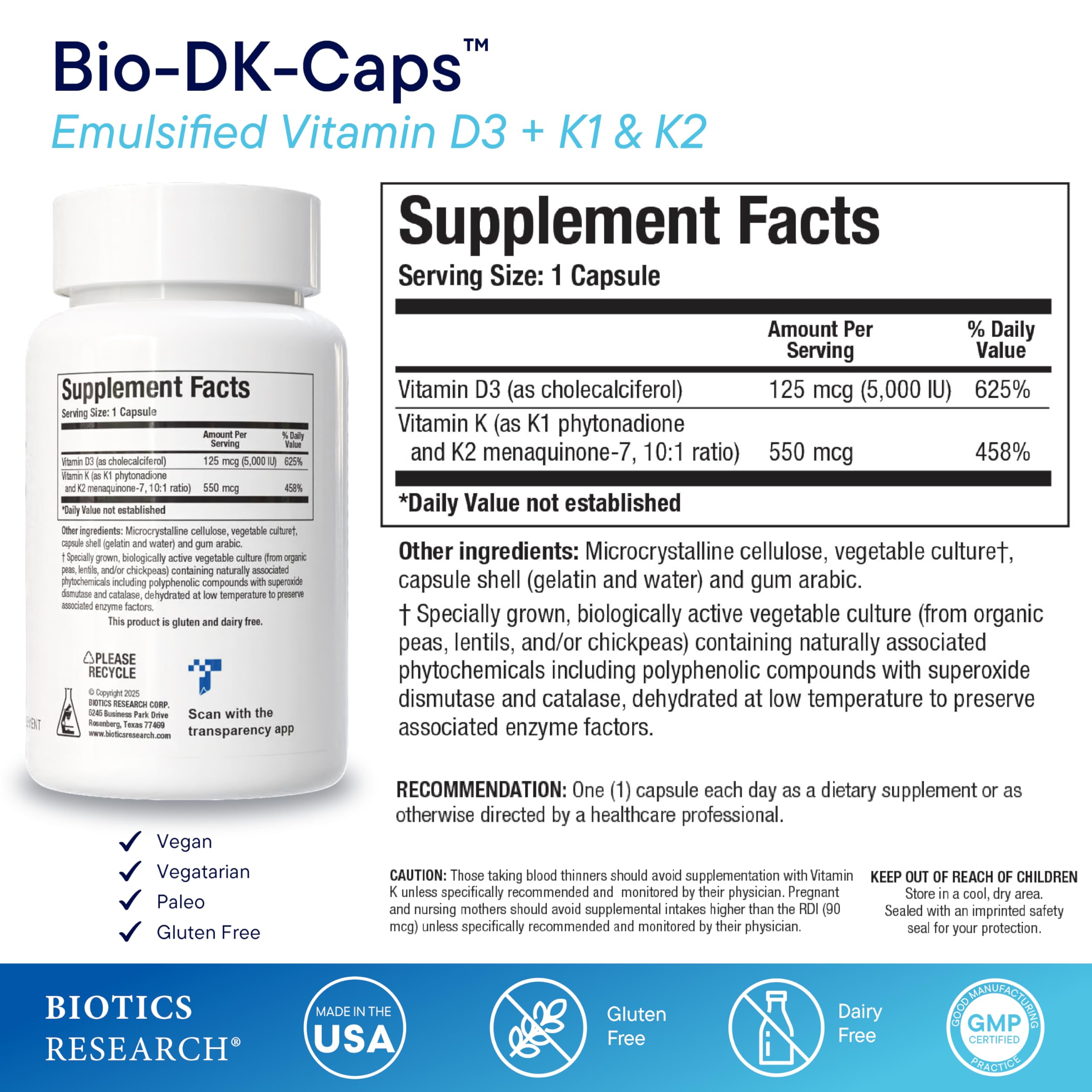 Biotics Research Bio-DK Caps label closeup shows D3 and MK7 for heart and bones