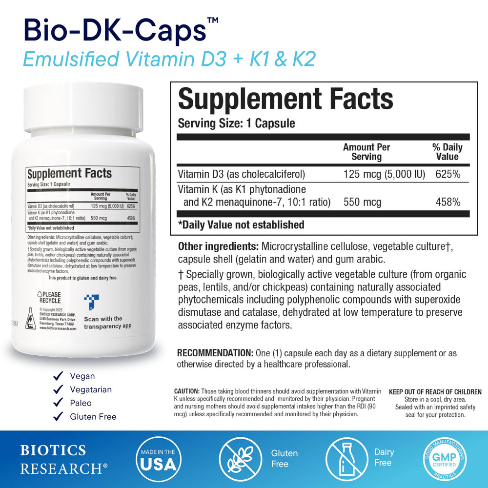 Biotics Research Bio-DK Caps label closeup shows D3 and MK7 for heart and bones