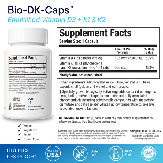 Biotics Research Bio-DK Caps label closeup shows D3 and MK7 for heart and bones