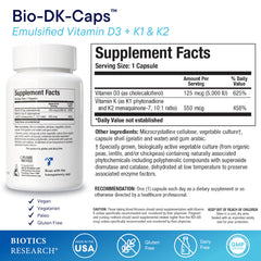 Biotics Research Bio-DK Caps label closeup shows D3 and MK7 for heart and bones