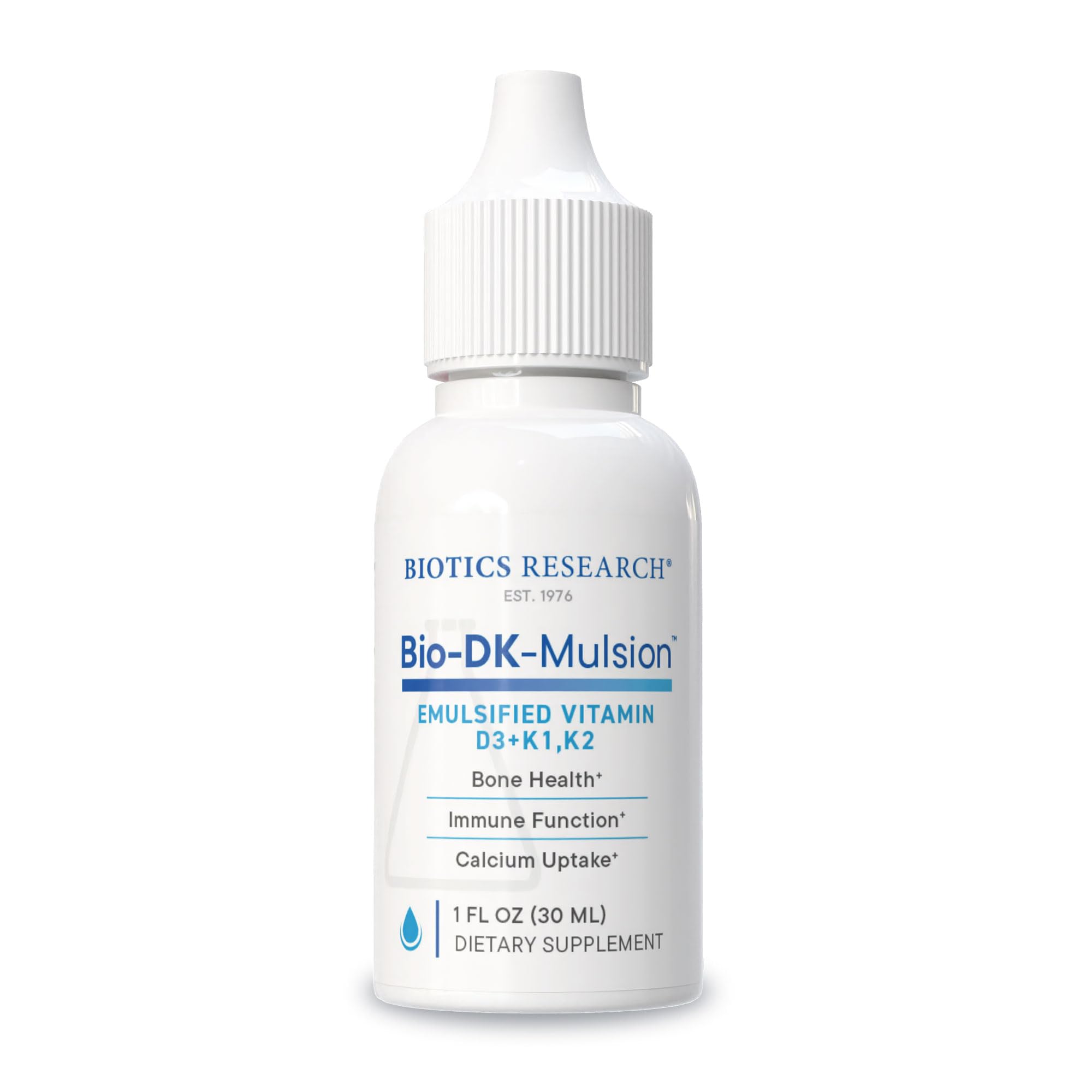 Biotics Research Bio-DK-Mulsion bottle pour demonstrates emulsified vitamins for easy absorption