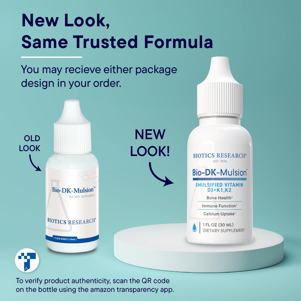 Bio-DK-Mulsion bottle label highlights D3 and MK-7 content for bone and heart support