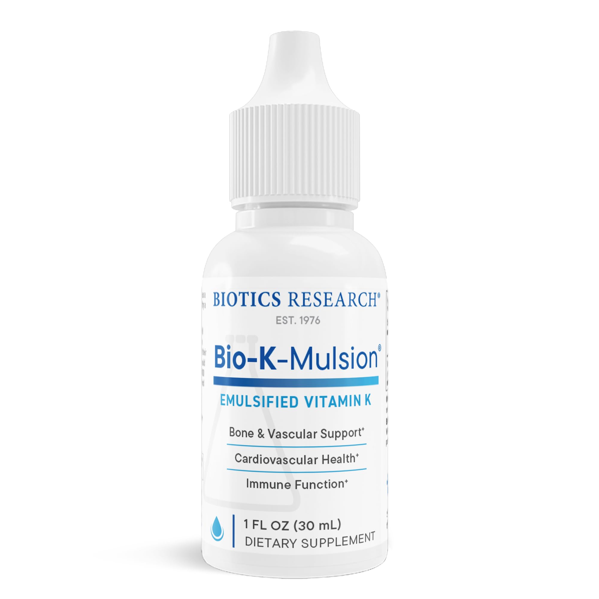 Biotics Research Bio K Mulsion bottle showing Vitamin K1 for bone support