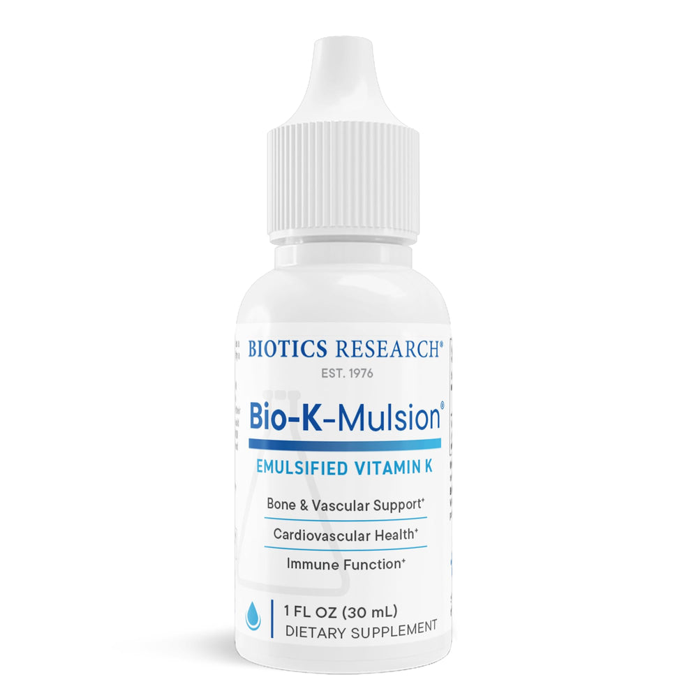 Biotics Research Bio K Mulsion bottle showing Vitamin K1 for bone support