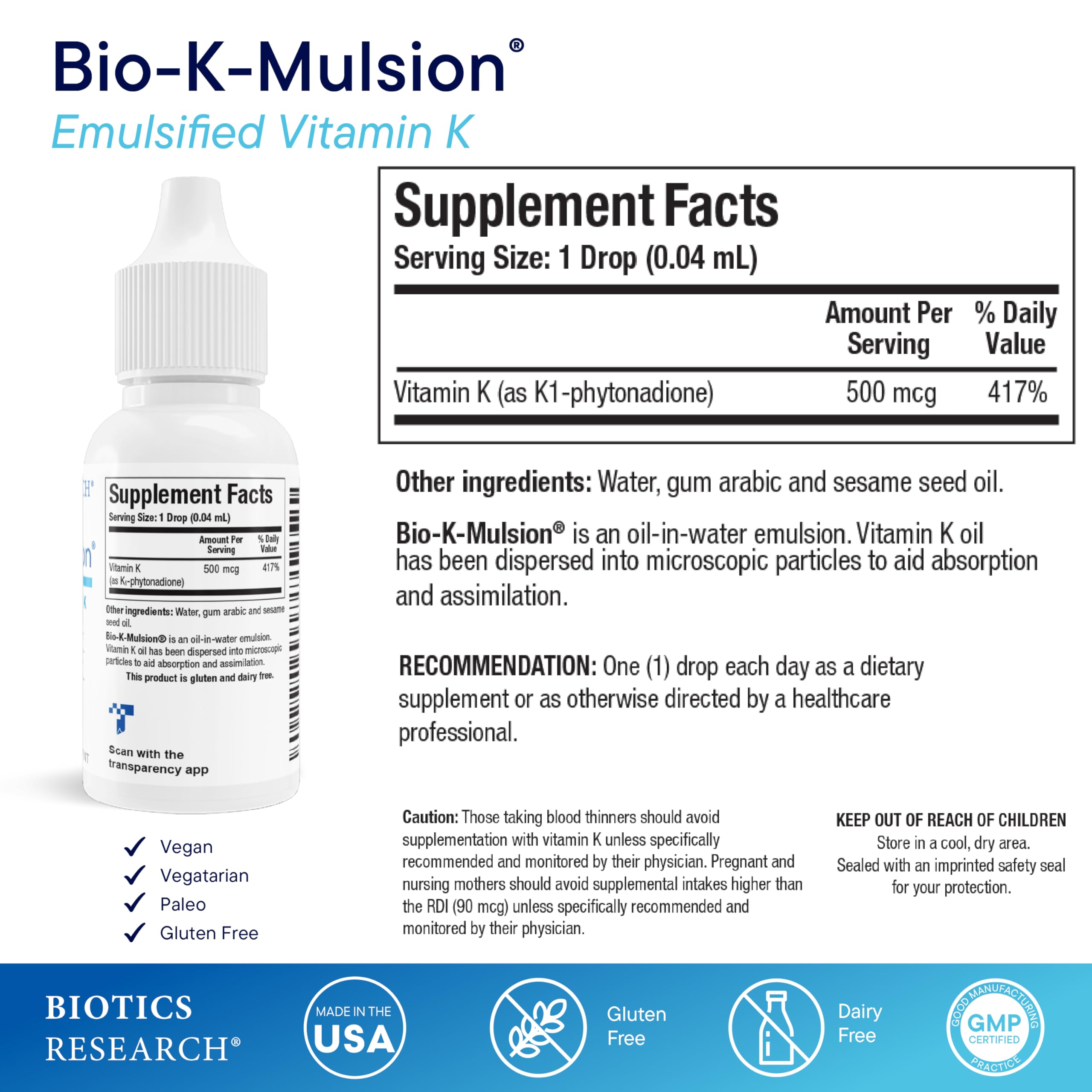Biotics Research Bio K Mulsion dropper for easy dosing