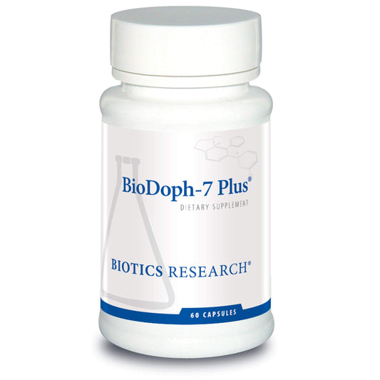BioDoph7 Plus bottle and capsules supporting daily digestive health.