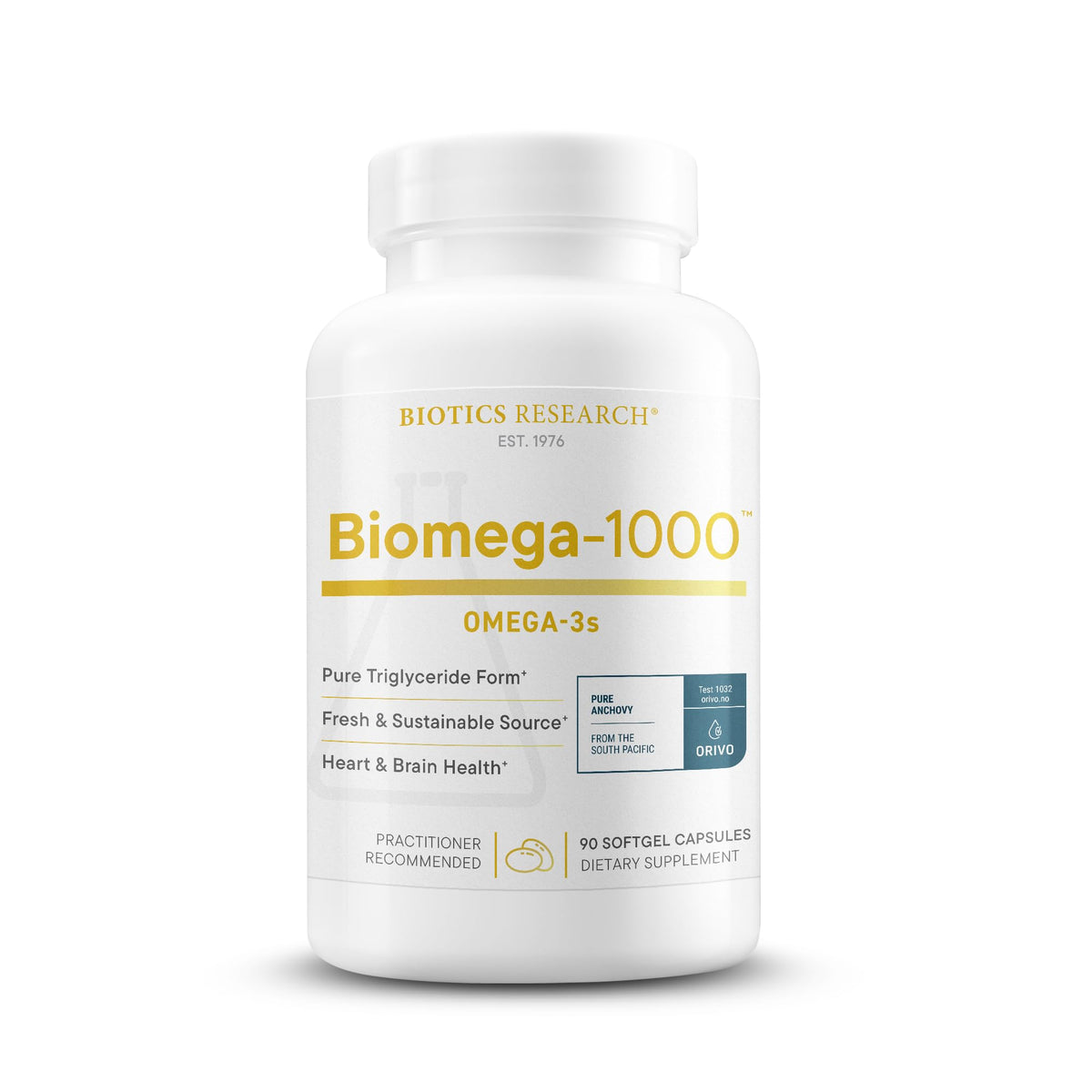 Biotics Research Biomega-1000 bottle pours omega-3 softgels for convenient daily use.