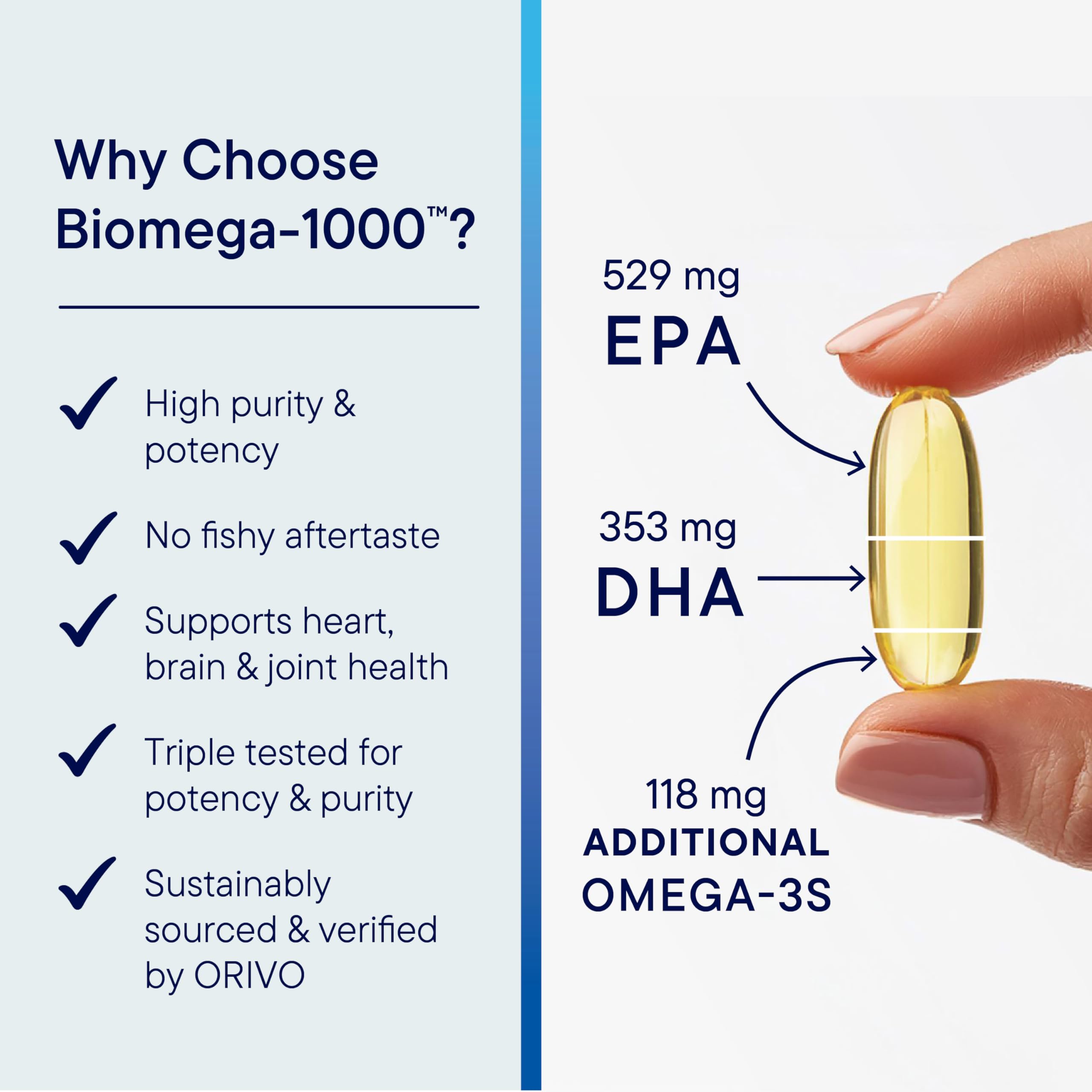 Biotics Research Biomega-1000 softgels spread highlights high omega-3 concentration for daily support.