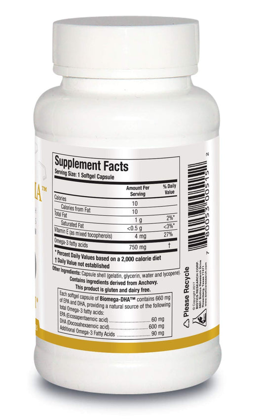 Biomega DHA softgels closeup showing easy daily supplementation.