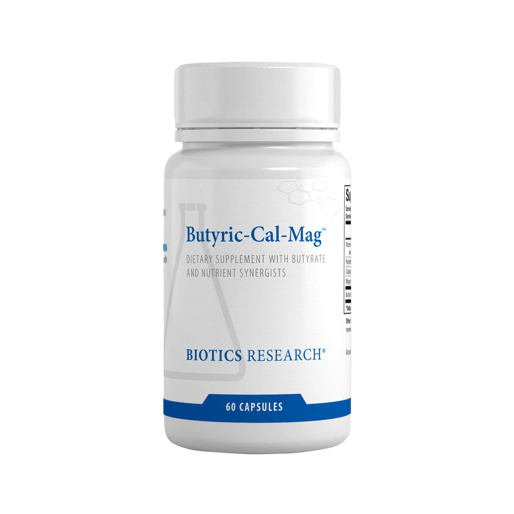 Biotics Research Butyric Cal Mag bottle promoting gut lining support.