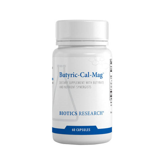 Biotics Research Butyric Cal Mag bottle promoting gut lining support.