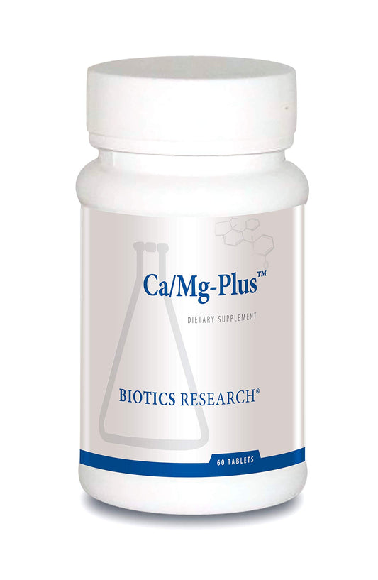 Biotics Research CaMg-Plus bottle front promotes bone and dental health.