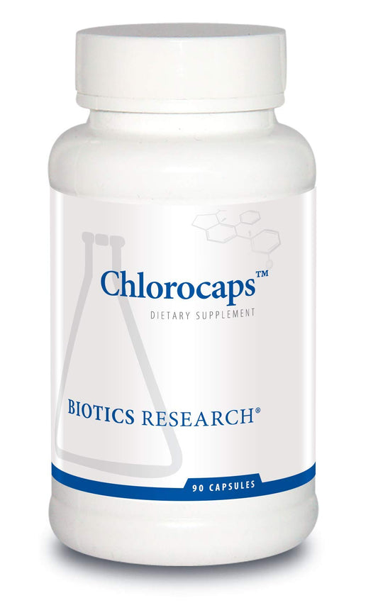 Biotics Research Chlorocaps bottle label highlighting natural antioxidants for daily wellness.