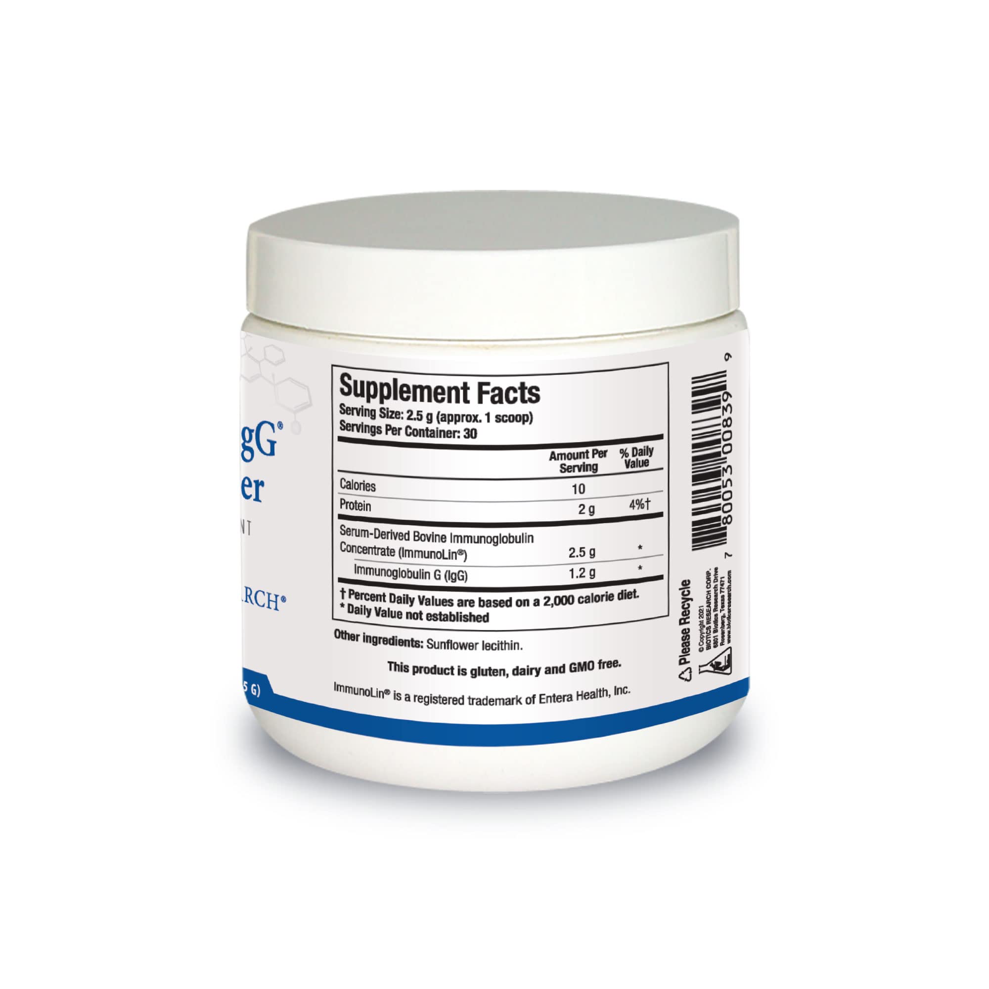 Biotics Research dairy-free immune-support powder shown with a glass of water.